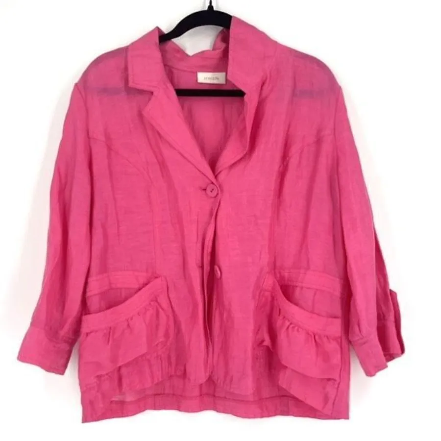 Chico's Womens Linen Blend Button Front Blazer Jacket Pink Size Large Barbie