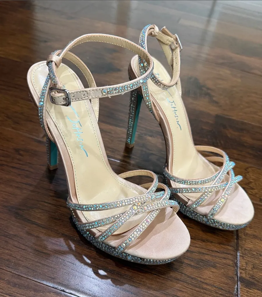 Betsey Johnson Nude Pink Crystal-Strap Stiletto Sandals