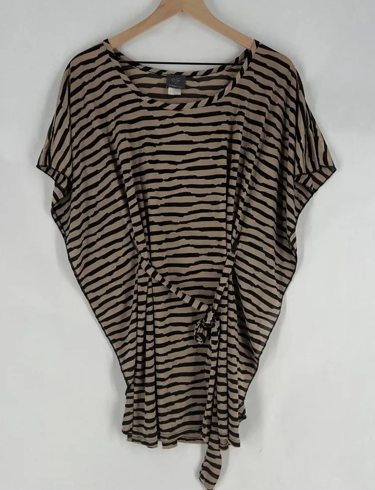 Elif Jordan Taylor Semi Sheer Tan & Black Striped Belted Batwing Tunic Coverup