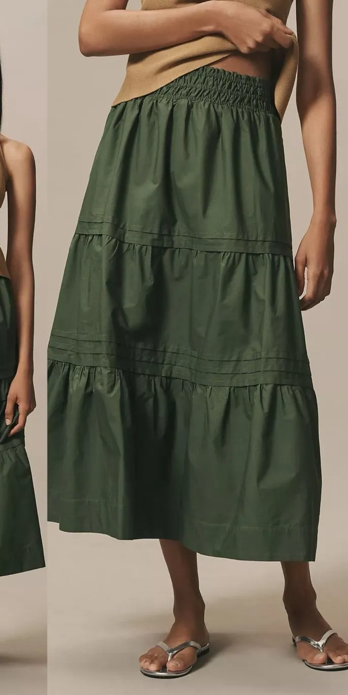 Anthropologie • Somerset Maxi Skirt cotton poplin tiered midi pull on Moss Green