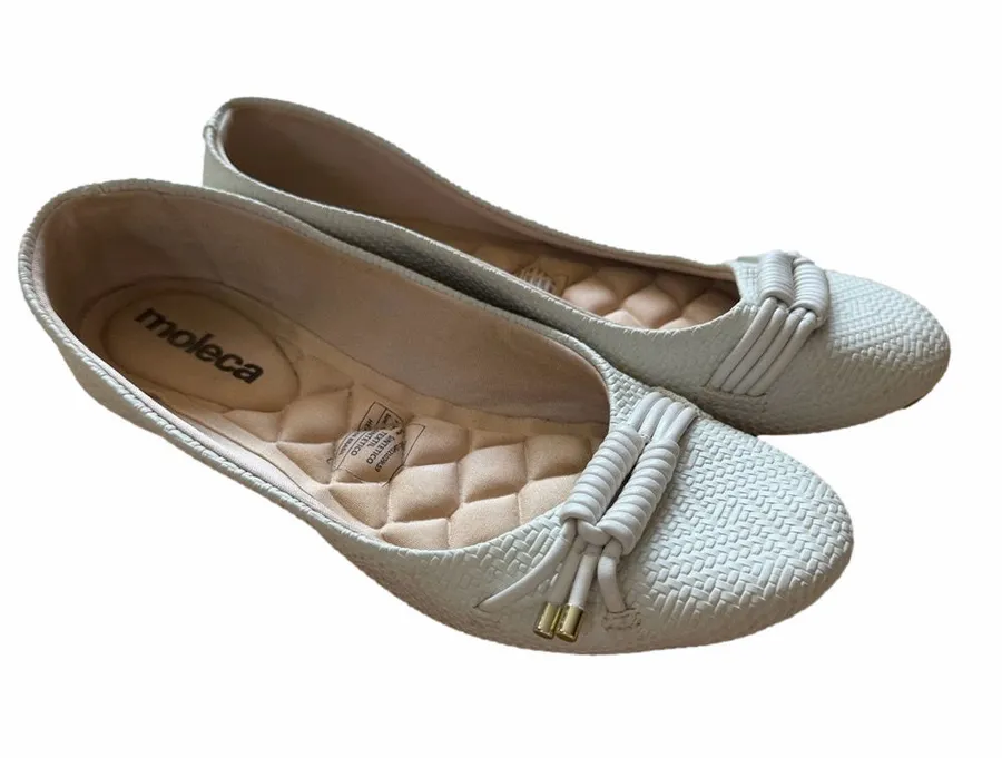 Moleca Cream Woven Ballet Flats with Knot Detail Brown Size 7