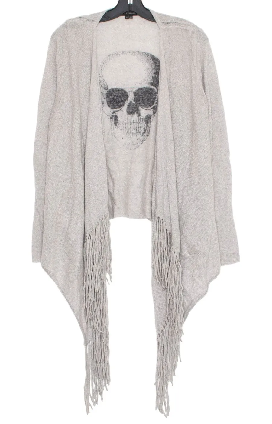 Skull Cashmere Cardigan Gray Open Front Fringe Longline Gothic Grunge Casual M