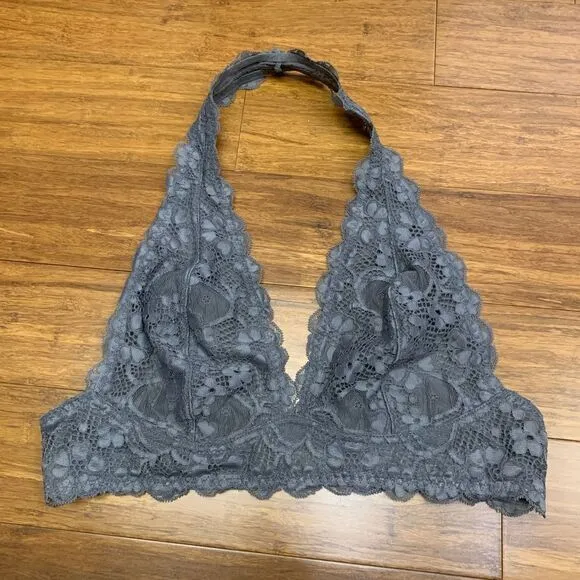 Free People Womens Small Bralette Gray Lace Halter Wireless Soft Cup Triangle
