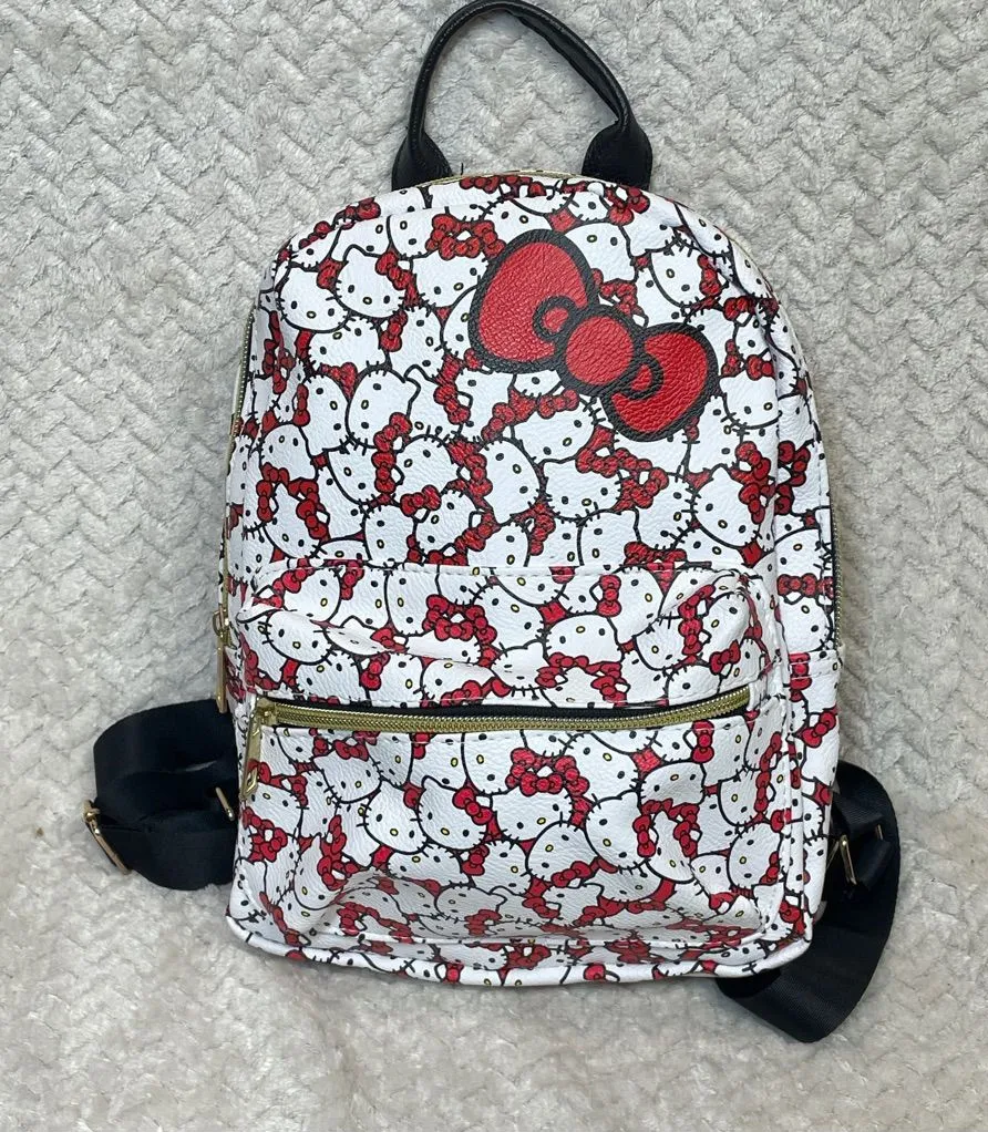 Sanrio Hello Kitty White Leather Mini Backpack Black Pattern Red Bow Kawaii