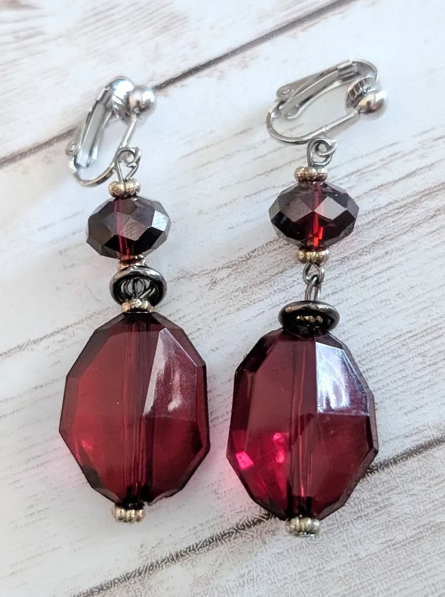 Vintage Clip On Earrings Deep Red Dangle Earrings