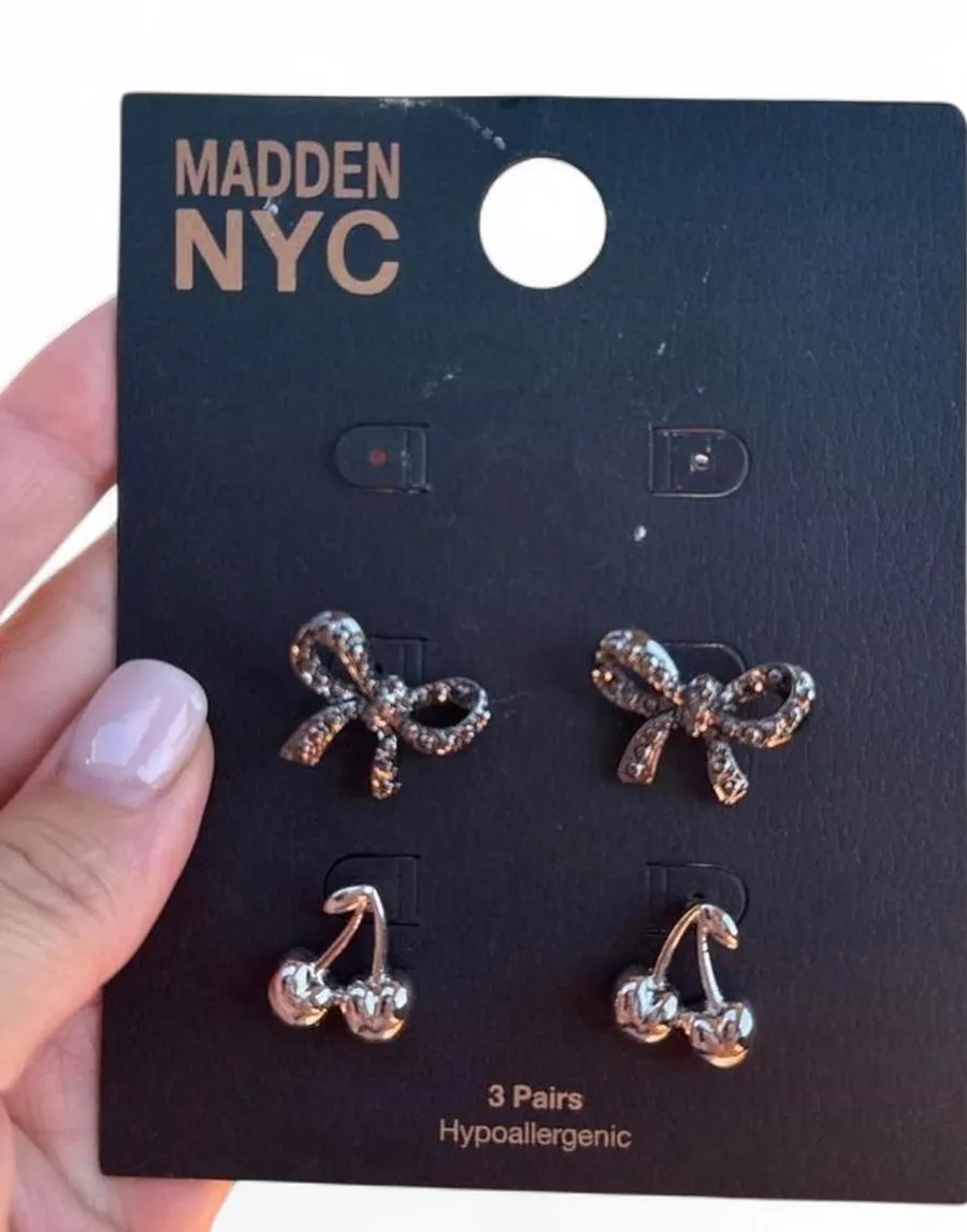 Madden NYC Bow & Cherry Stud Earrings Set 2 Pairs Silver Tone Missing 1 Pair NWT