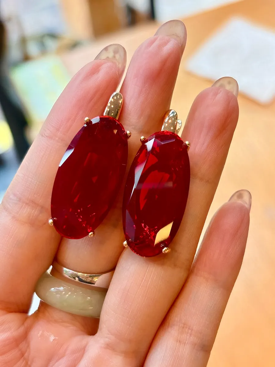 New Rose Gold Plated Oval Stimulated Ruby Luxury Cocktail S925 Drop Earrings