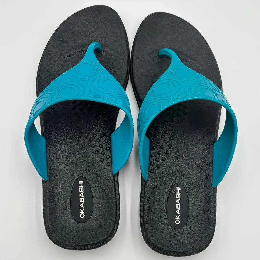 NEW Okabashi Womens ML 8/9 Flip Flop Thongs Sandal Blue Arch Support Made in USA Size 8.5