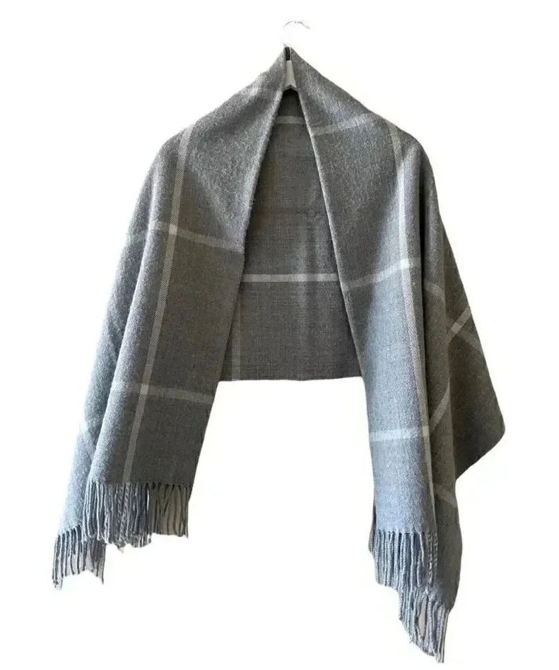 J Crew Gray Oversized Plaid Blanket Scarf Fringe Throw