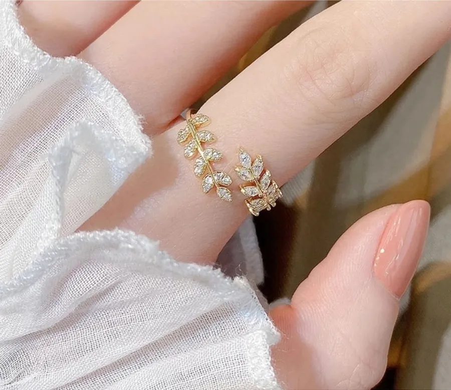 NEW Women's 14k Gold Filled Solid Leaf Simulated Diamond Adjustable Ring
