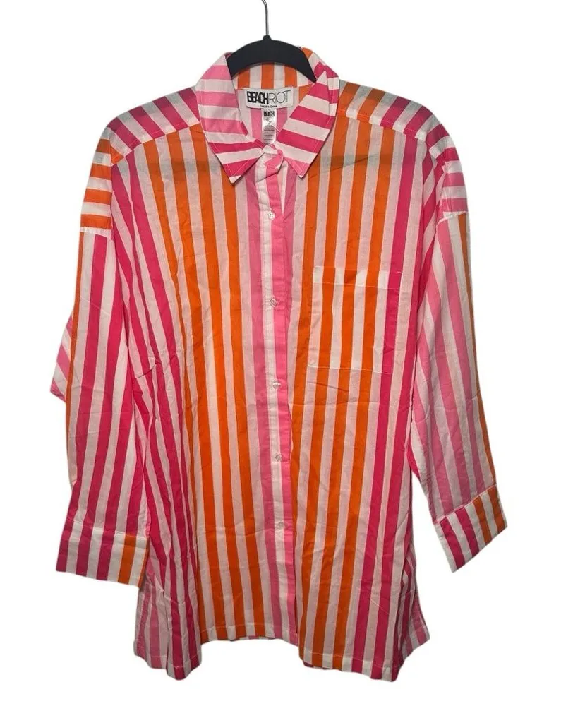Beach Riot Alexa Button Down Cover Up Long Sleeve Orange Pink White Size L/XL