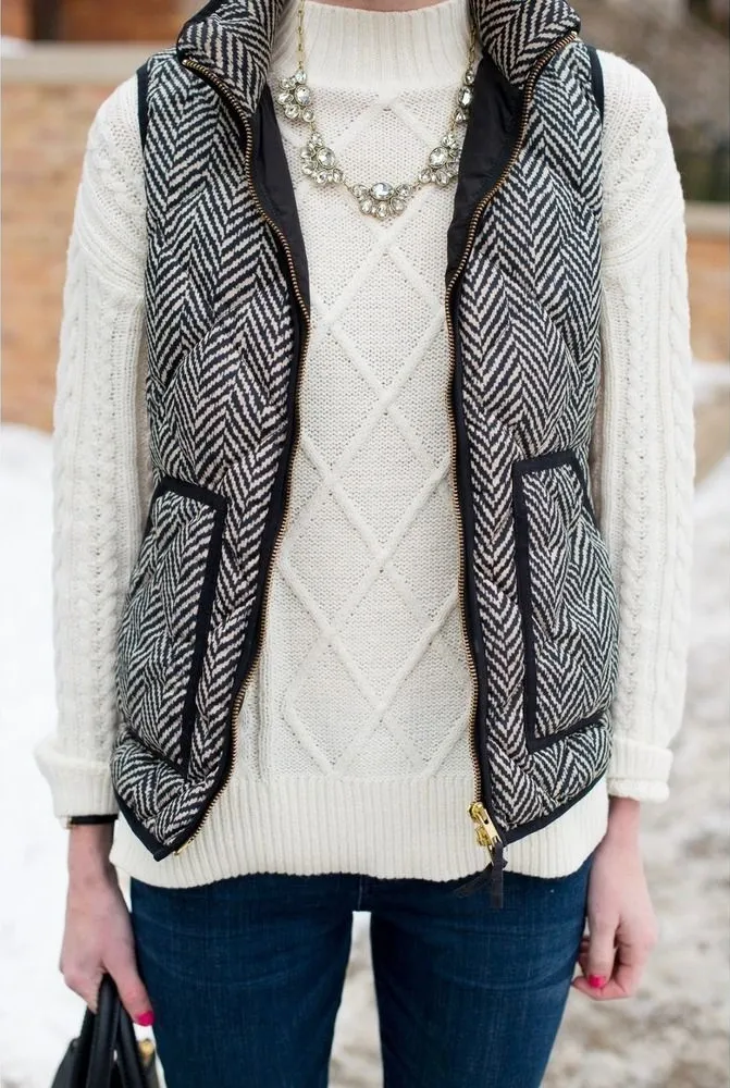 J. Crew Factory Sz S Puffer Vest Black Herringbone Printed Quilted Down Women's