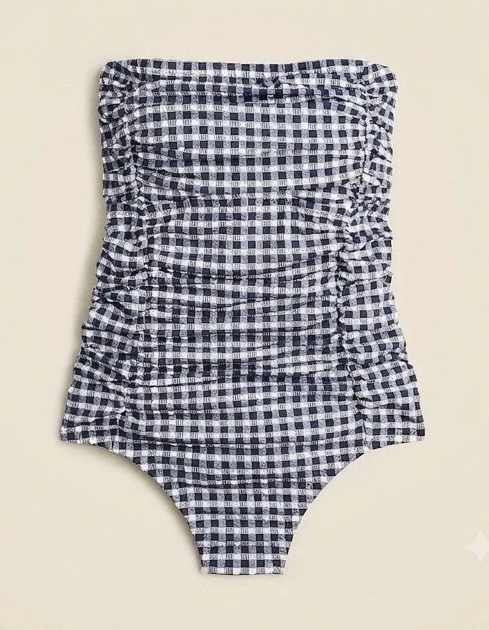 J Crew Ruched Tie One Piece Swimsuit Gingham Navy White Size 12