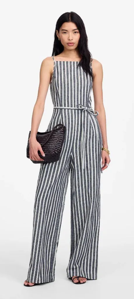 Madewell Pleated Wide Leg Jumpsuit in Pinstripe Linen Navy White Stripe