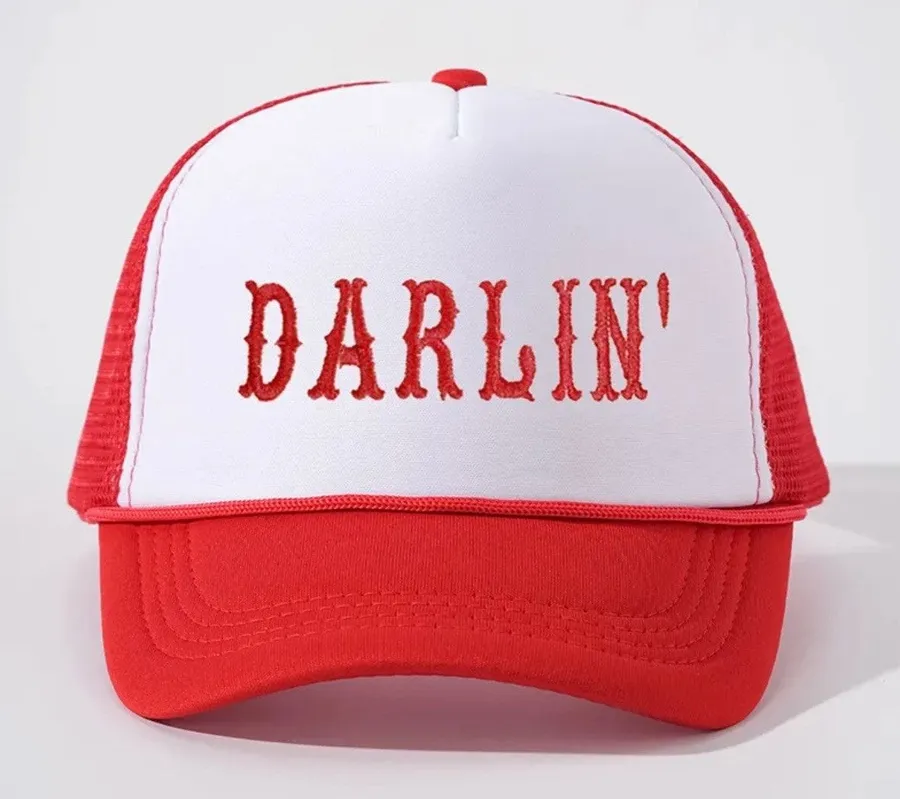 Darlin’ Red White Western Graphic Adjustable Mesh Trucker Hat NWT