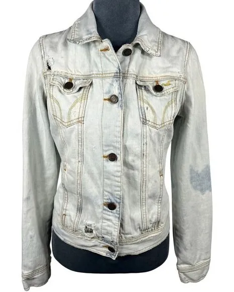 Hollister HCO Y2K Denim Jacket XS/S Trucker Distressed Bleached Thrashed Grunge