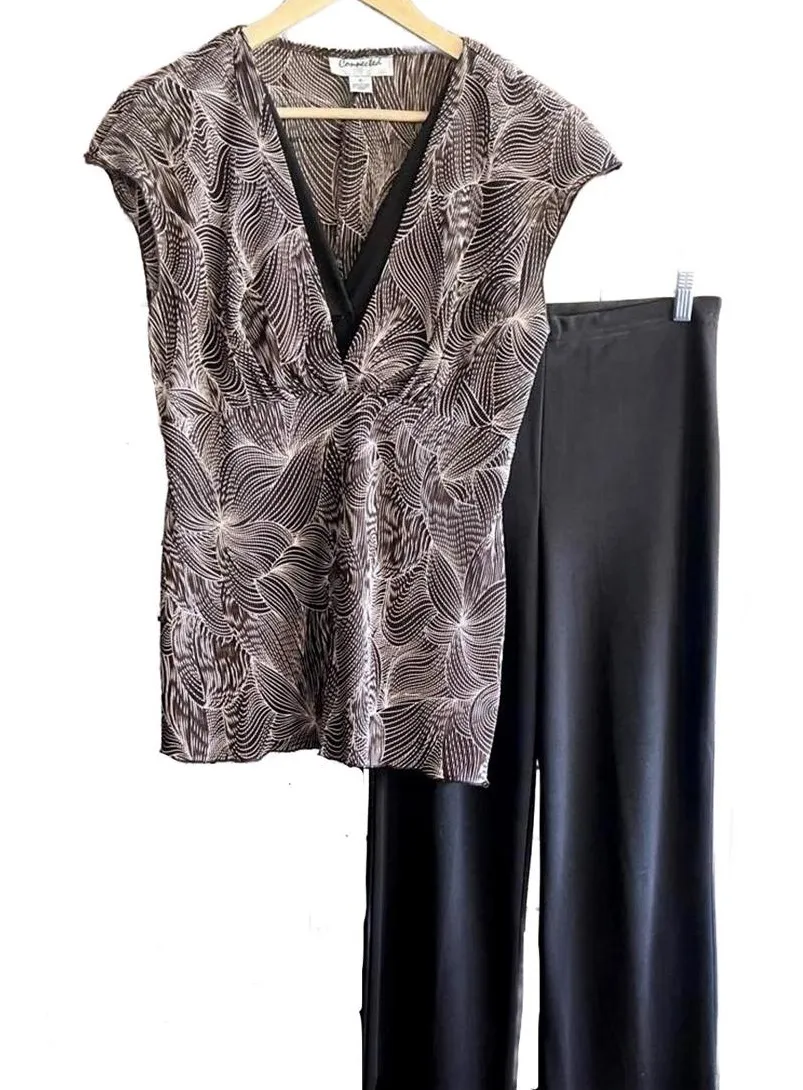 Connected Womens 2 Piece Pant Set Sz 6 Brown V Neck Cap