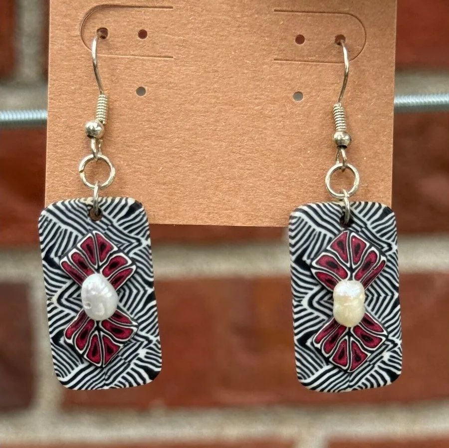 Handmade Polymer Clay Earrings Black Maroon with Pearl Like Bead