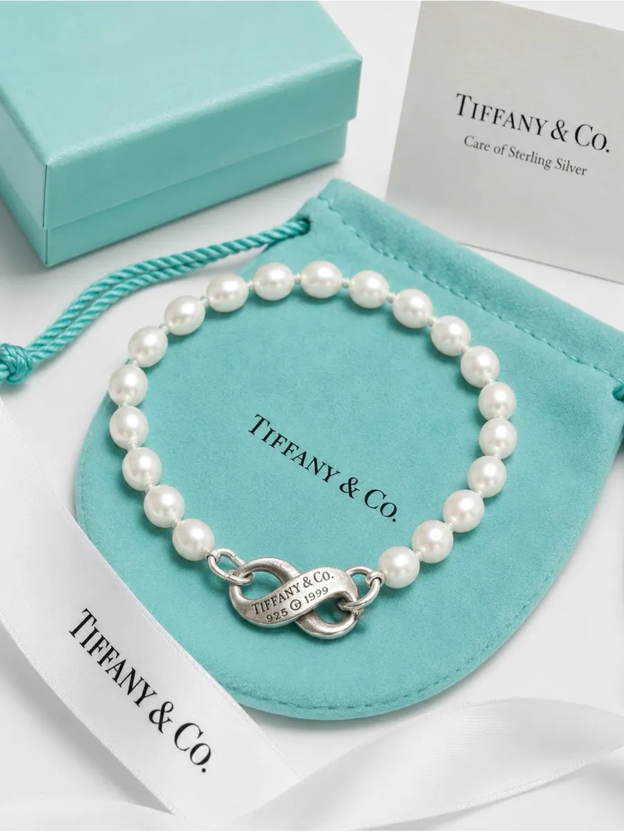 Vintage 1999 Tiffany & Co. Pearl Infinity Bracelet Sterling Silver 8”
