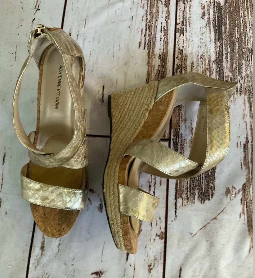 ADRIENNE VITTADINI GOLD SNAKESKIN EMBOSSED STAPPY ESPADRILLES HEELED SANDALS
