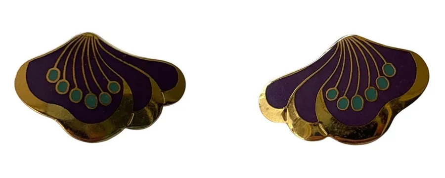 Laurel Burch Earrings Purple Gold Vintage Enamel Fan Ginkgo Studs