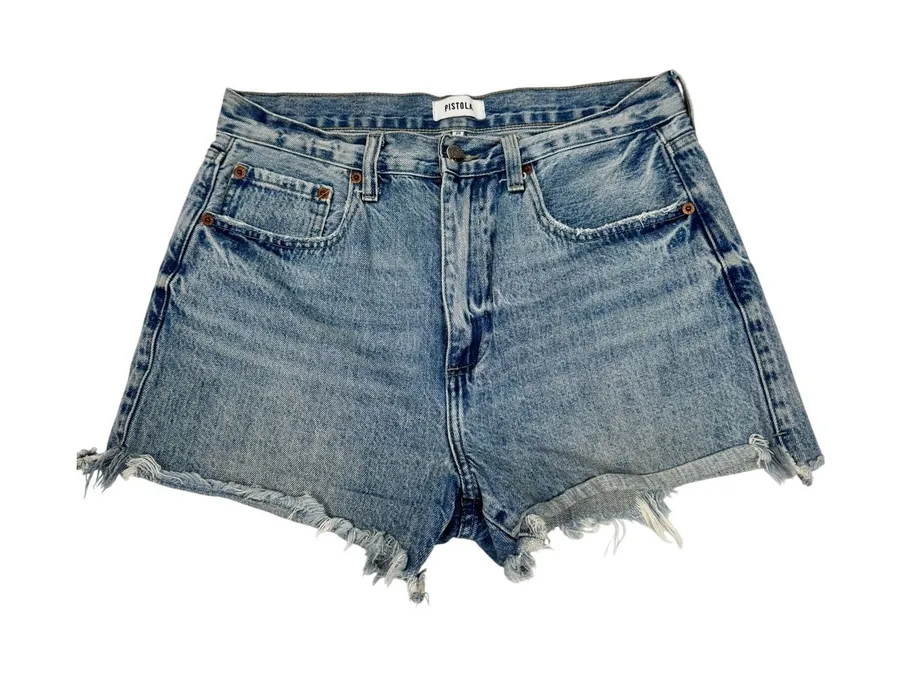 Pistola Women High Rise Distressed Denim Shorts Light Wash Raw Hem Size 29