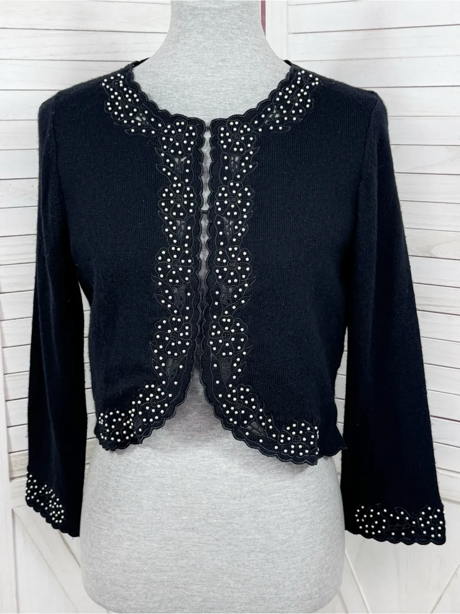 Vintage Lilly Pulitzer Embroidered Pearl Bead Crop Cardigan Sweater Black Medium