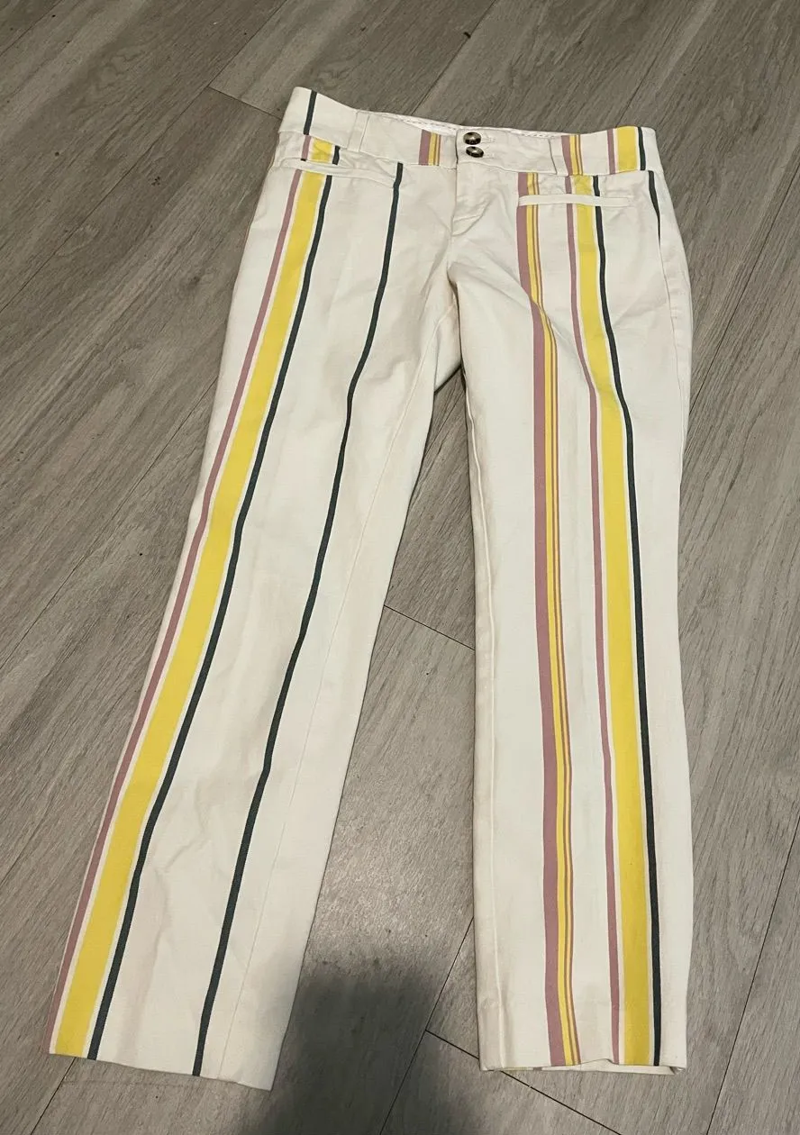Anthropologie White Cotton-Blend Pants with Yellow & Pink Stripes