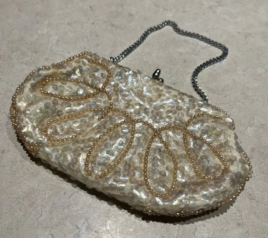 La Regale Vintage Beaded Evening Clutch Bag - Pearlescent Sequins & Pearls, Made in Japan