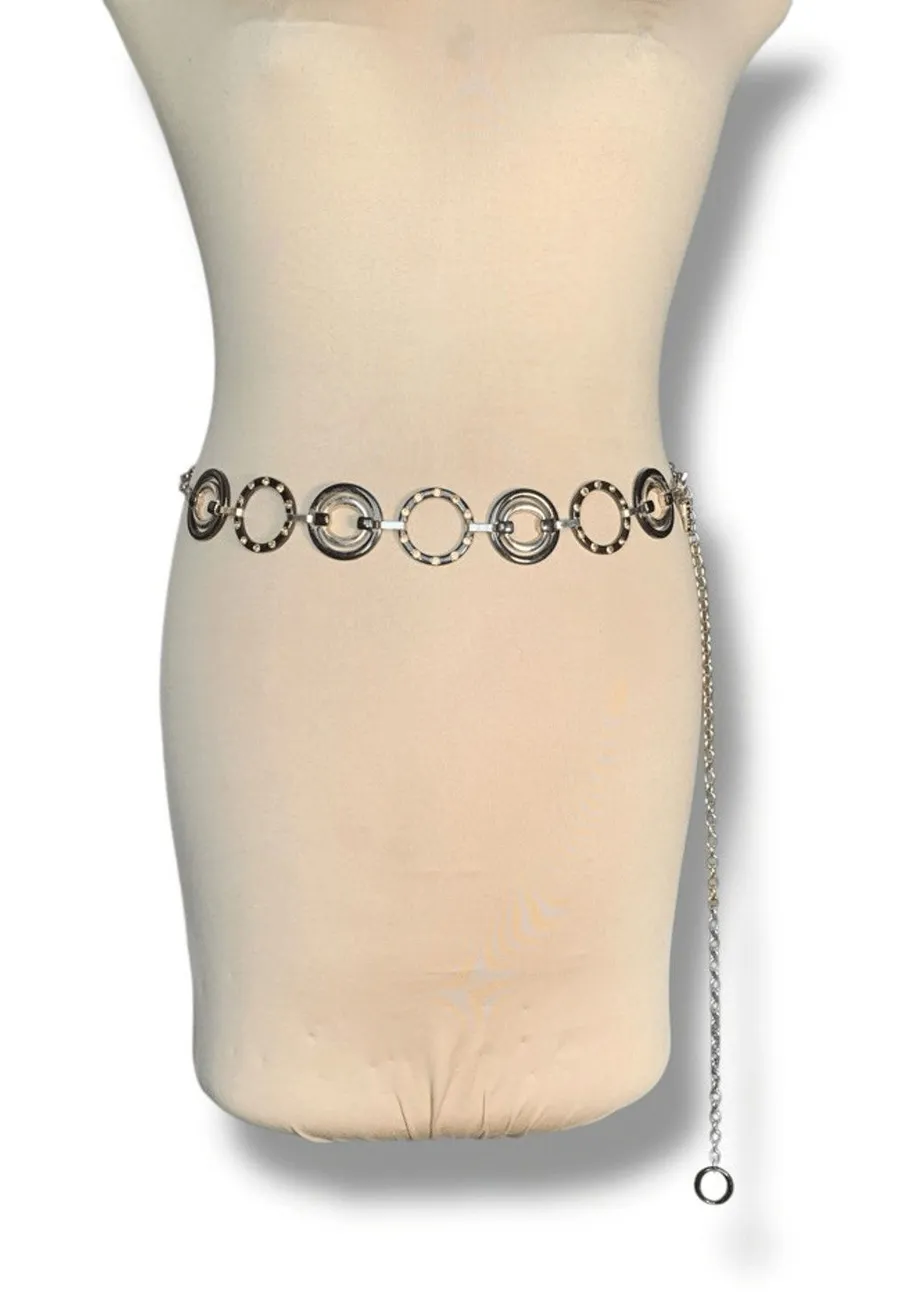 Chicos Black Gold Enamel Link Disc Chain Waist Belt Statement Accessory Boho