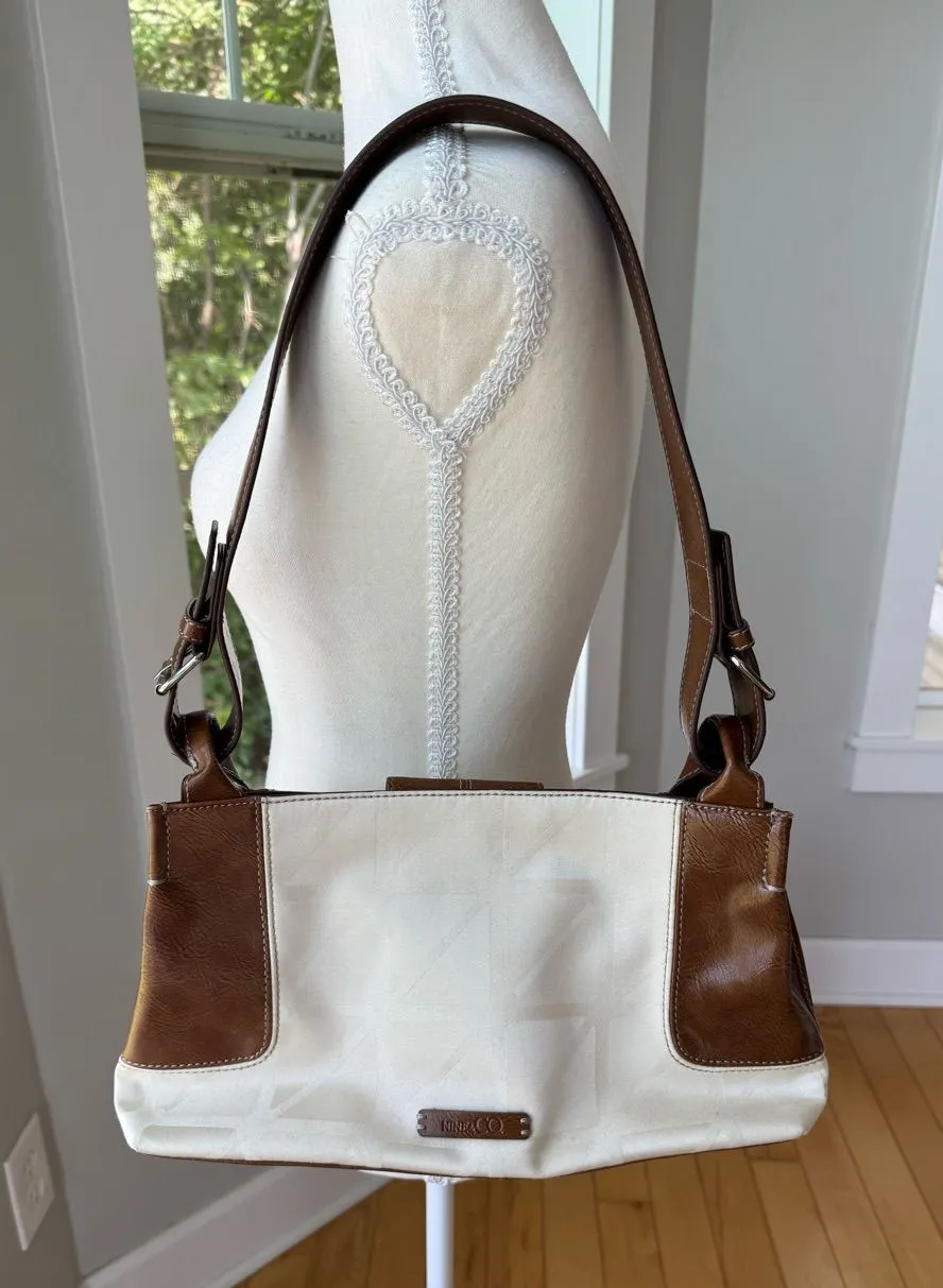 Vintage 90’s Nine & Co. White Canvas Shoulder Bag with Brown Leather Trim