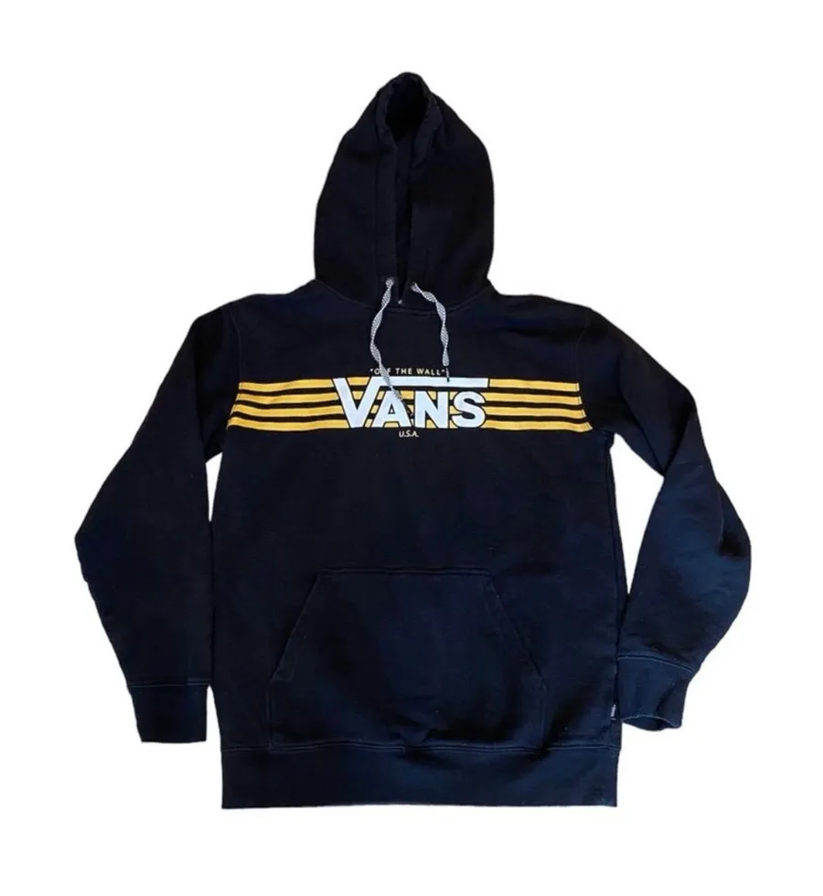 Vans Black Hoodie Sweatshirt Yellow Stripe Checkerboard Laces Mens S Skater