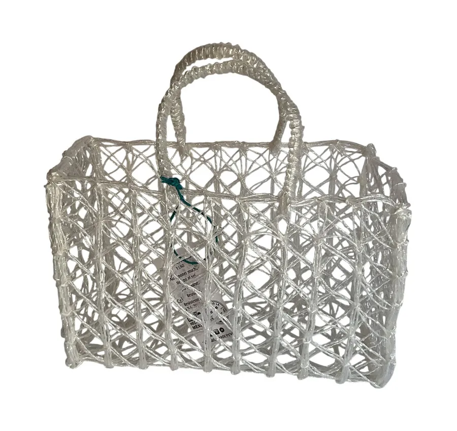 Mexican Clear Woven Tote Bag Biodegradable Plastic Artisan Market Handbag White