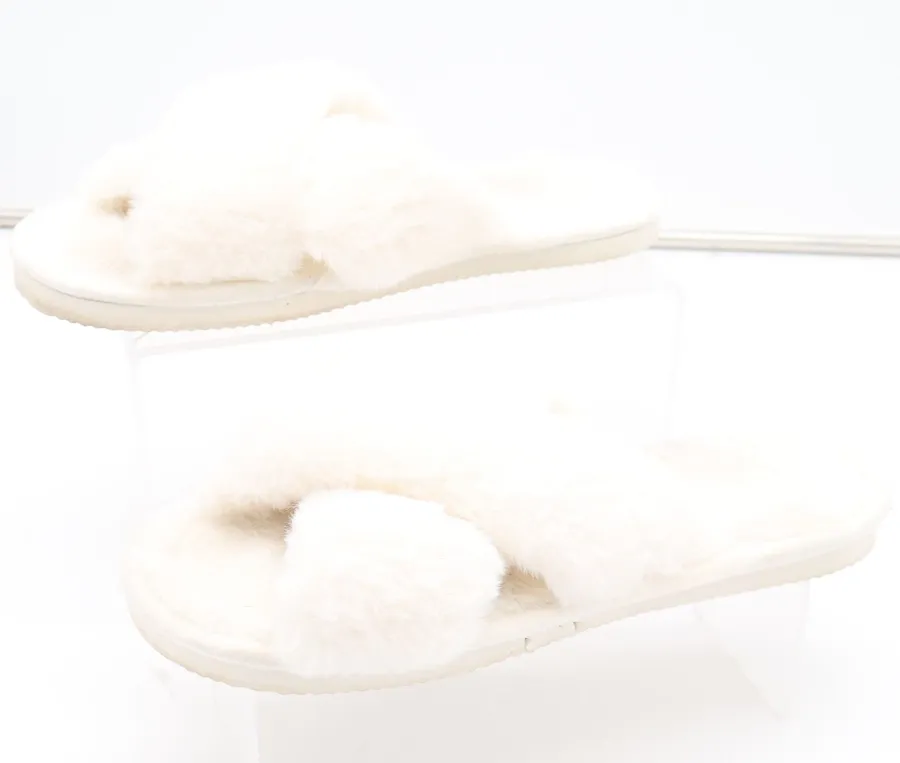 White Faux Fur Cross Strap Slide Slippers Women Size 42/43 House Shoes Cozy