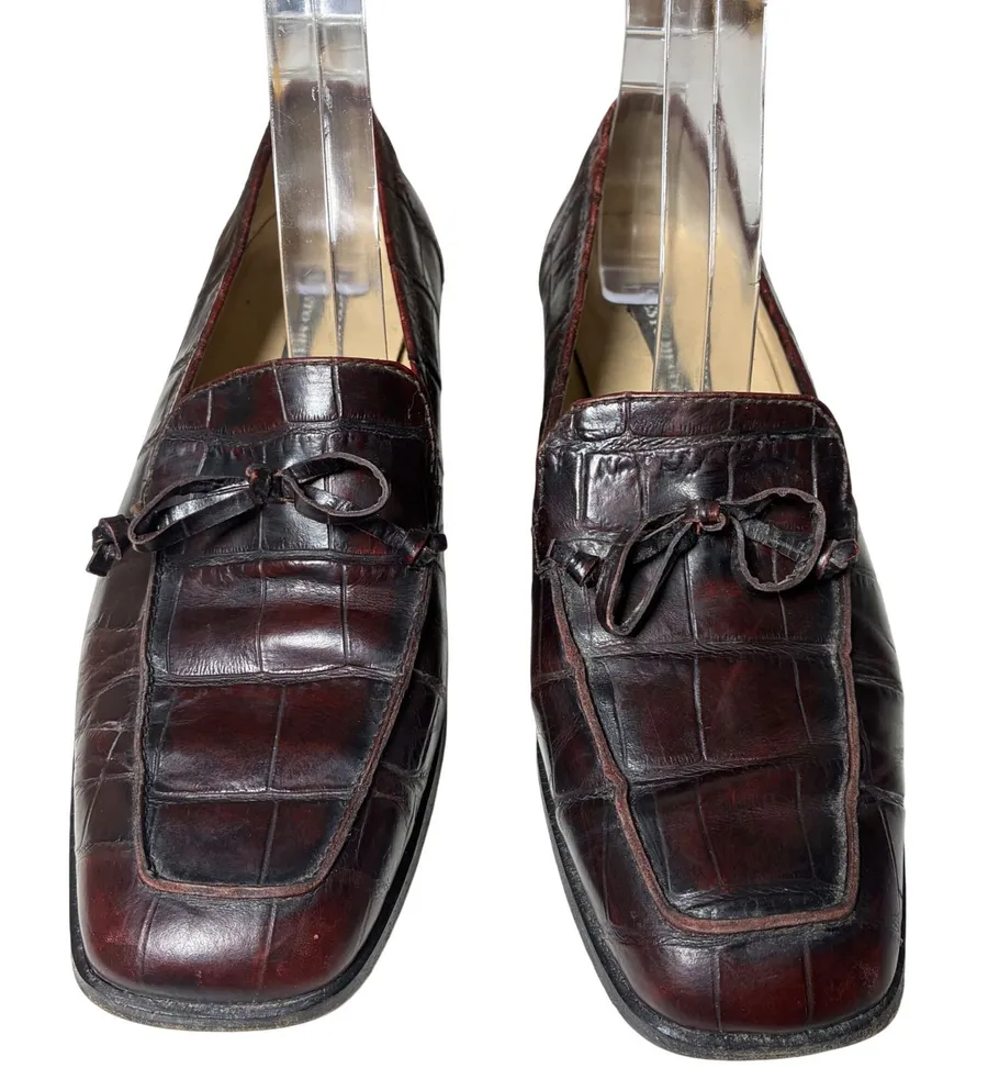 Sesto Meucci Burgundy Croc Leather Loafers Square Toe Bow Vintage 8M