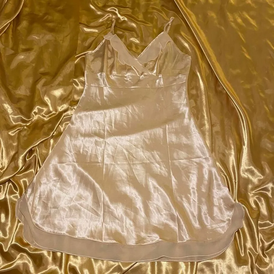 Gold Satin Slip Dress with Ruffle Hem