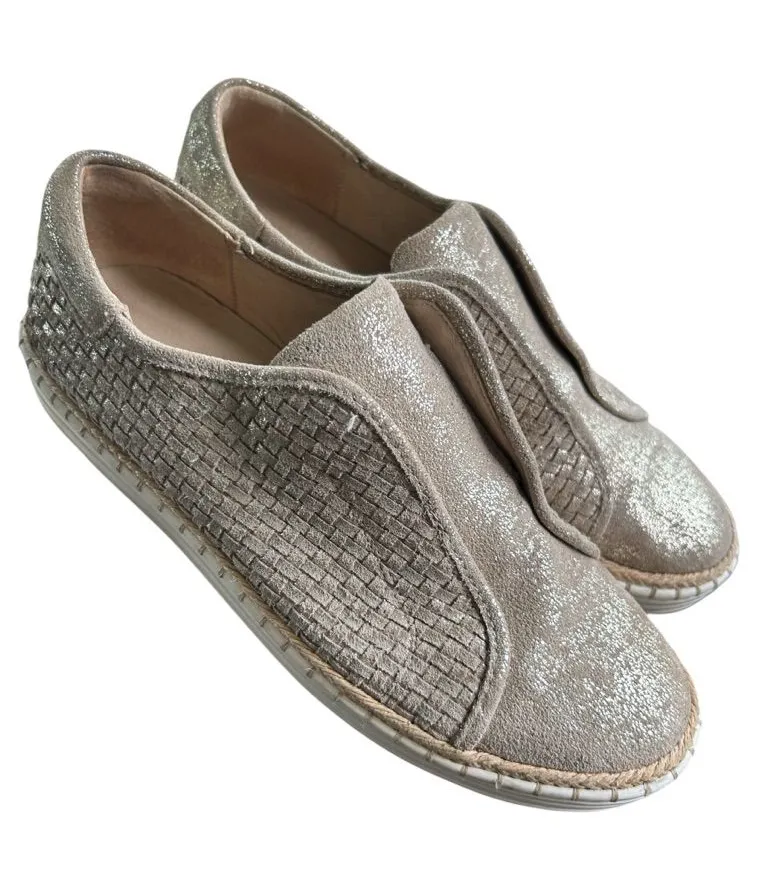 J Slides woven leather gold shimmer espadrille size 10 M Kayla coastal preppy Tan
