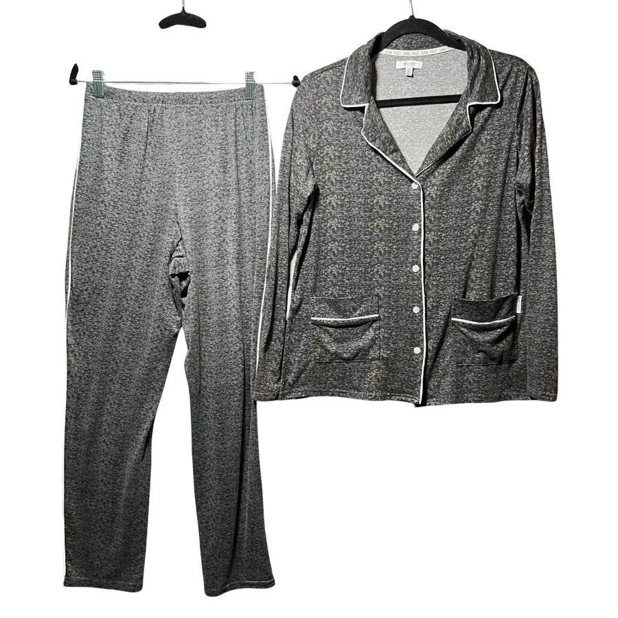 Nine West Sleepwear Gray Heathered Pajama Set S Long Sleeve Button Top Pants