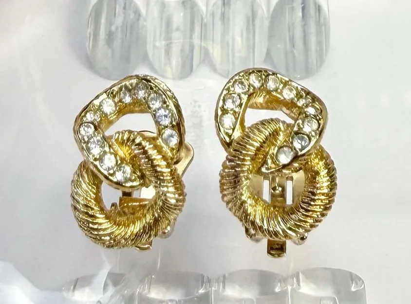 Christian Dior Vintage Gold Plated Crystal Interlocking Loop Clip-On Earrings