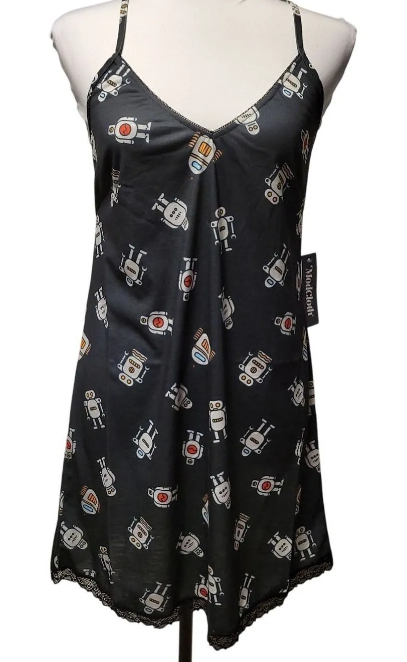 NWT Robot Print Slip Dress Nightgown Womens Size M Whimsey ModCloth Nerdy Geeky Black Size M