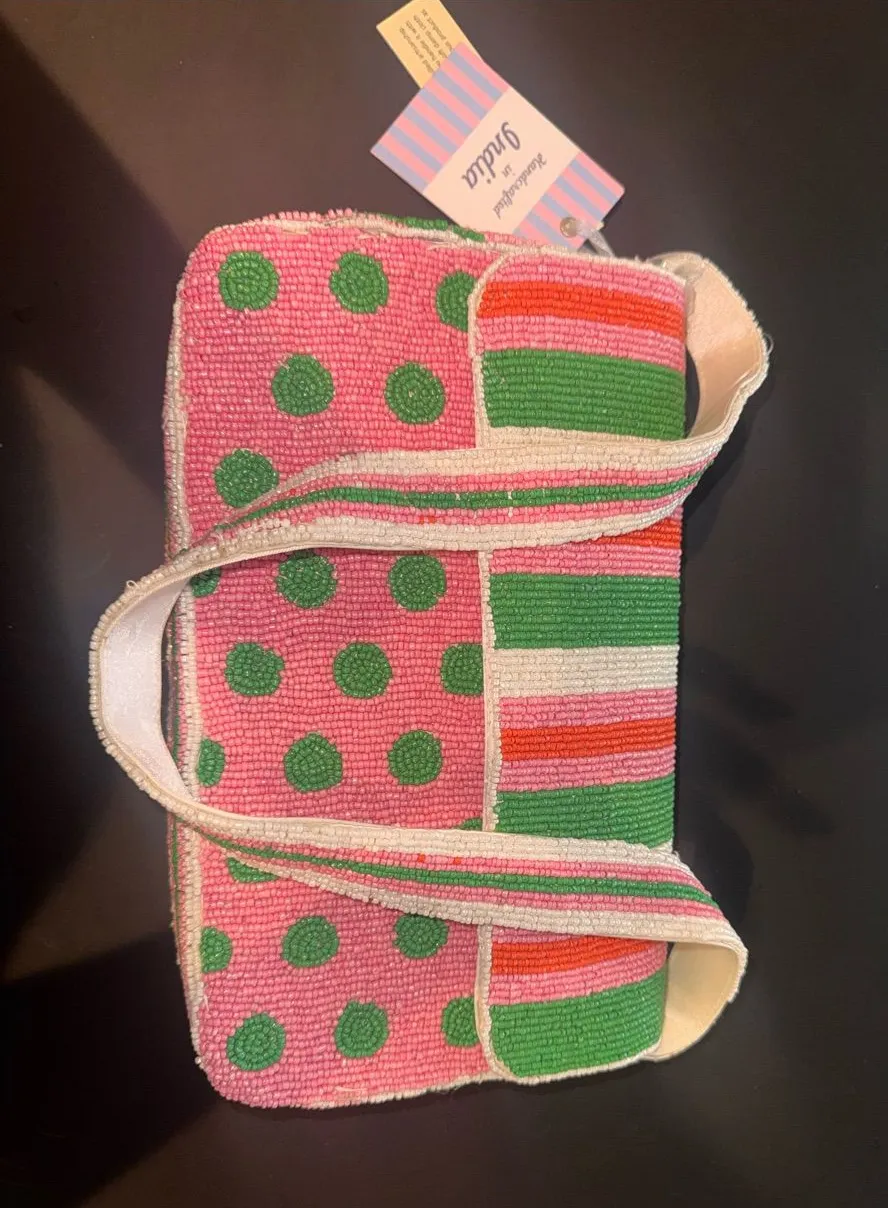 Hand-Beaded Pink & Green Polka Dot Shoulder Bag