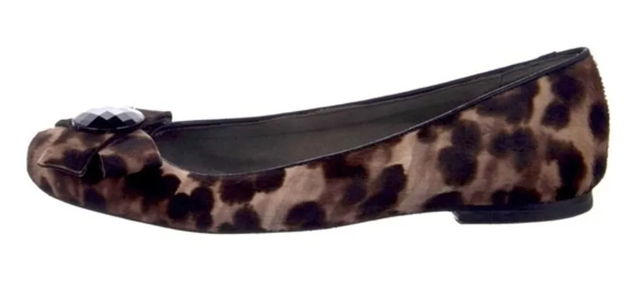 Stuart Weitzman Leopard Calf Hair Gemstone Bow Ballet Flats Brown Black 6.5M