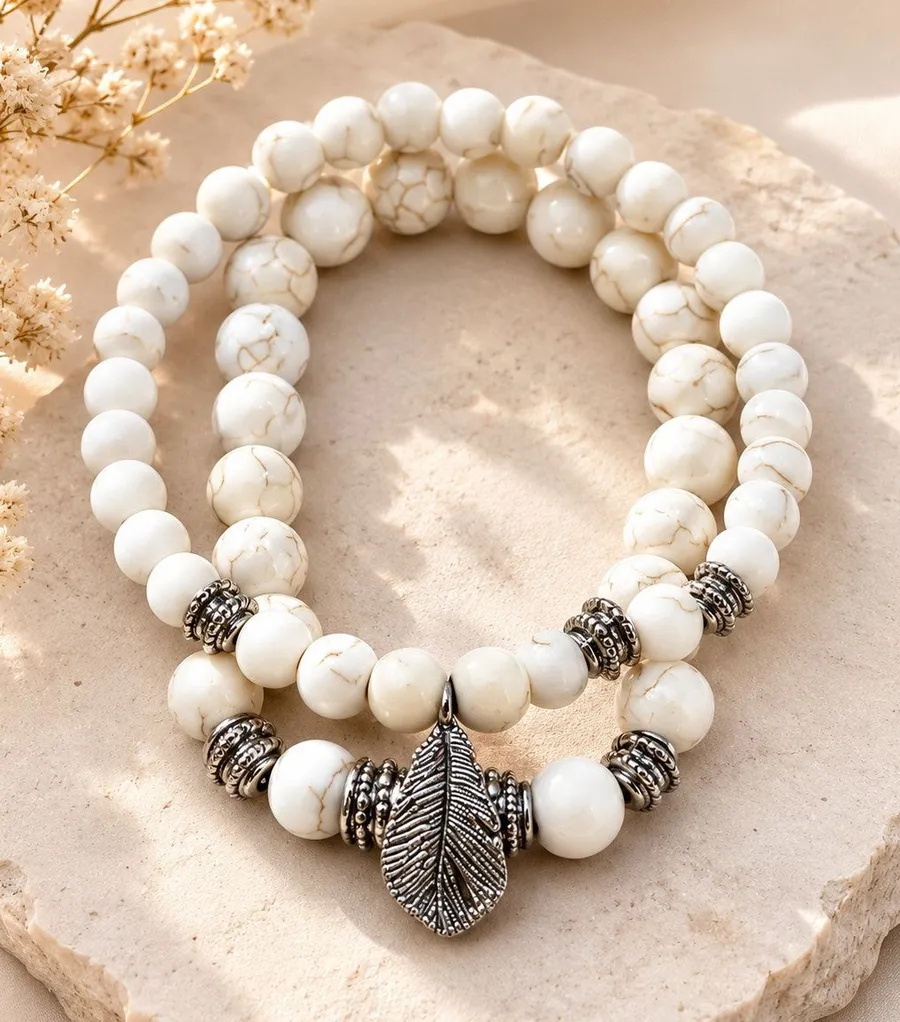 White Marble Beaded Stretch Bracelet Set Silver Leaf Charm Boho Stack Jewelry