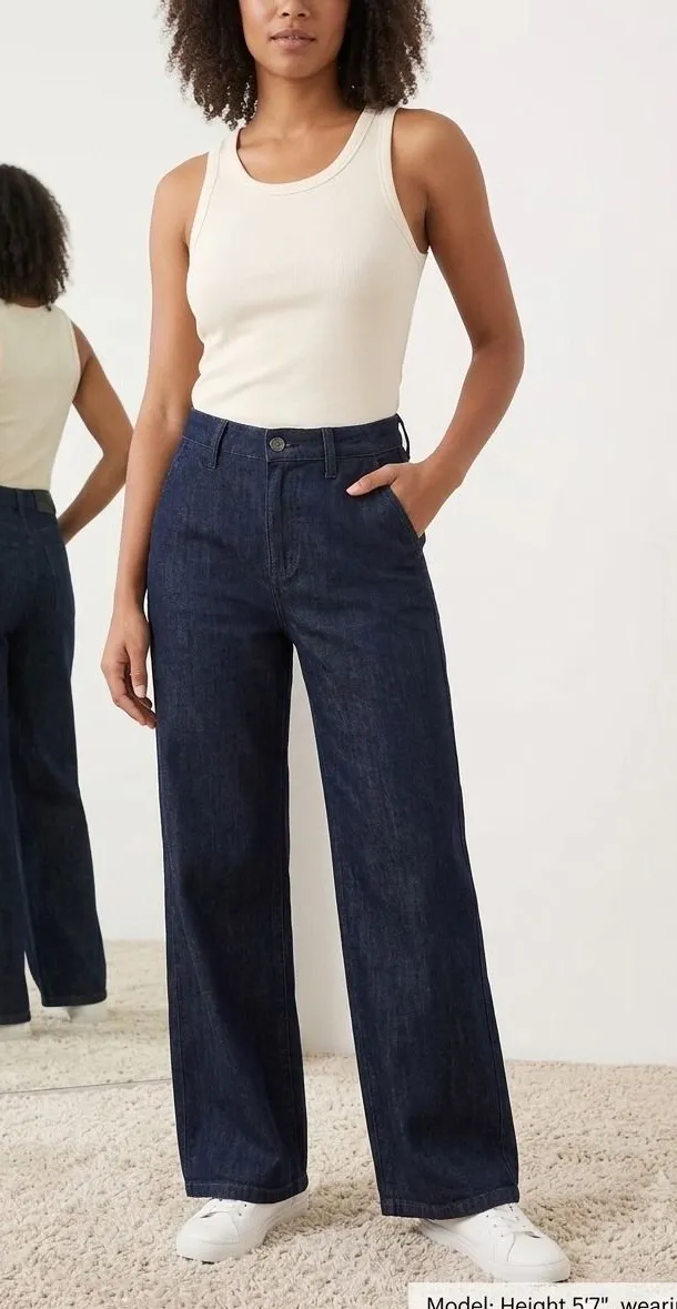 DKNY Jeans Womens High Rise Wide Leg Denim Trousers Dark Indigo Cotton 27 Q2639 Blue