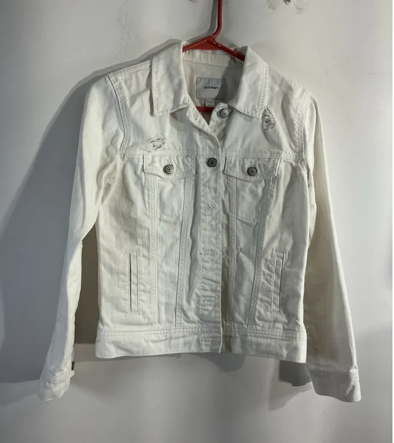 Womans Old Navy White Distressed Small Button Down Jean Jacket