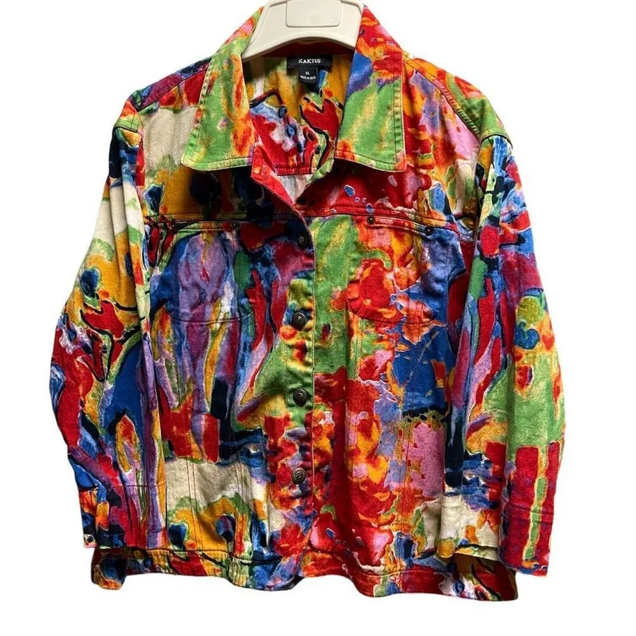 Kaktus size XL bright fun psychedelic print button front jacket. Red