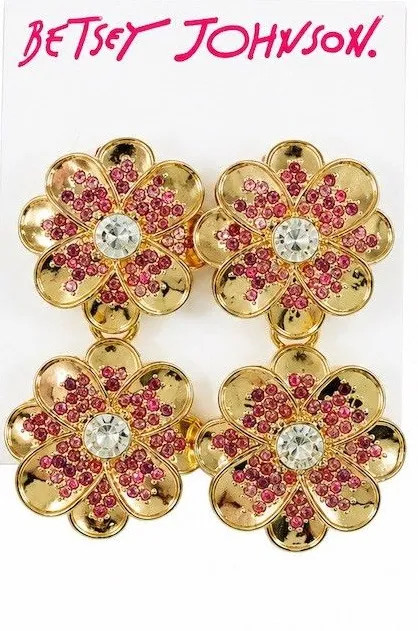 Betsey Johnson Earrings Pink Crystal Flower Drop Dangle Statement cute gift
