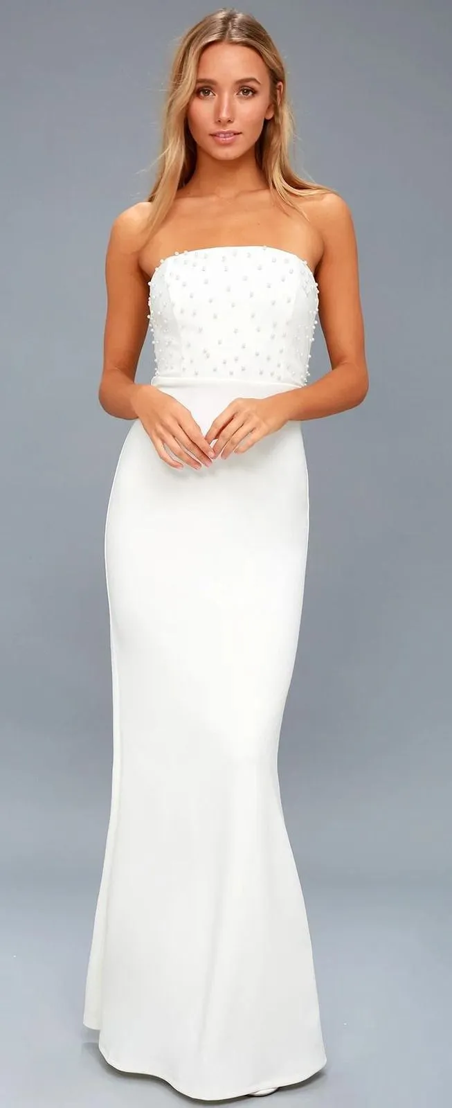 Lulus White Pearl Strapless Maxi Dress Mermaid Gown Bridal Event NWT Size M