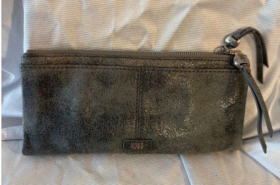 HOBO Lauren Clutch Wallet Distressed Metallic Grey Leather Zip Foldover Gray