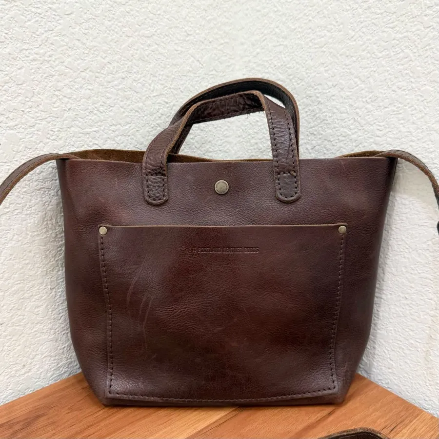 PLG PORTLAND Leather Goods “Almost Perfect” Mini Crossbody Tote Bag Brown